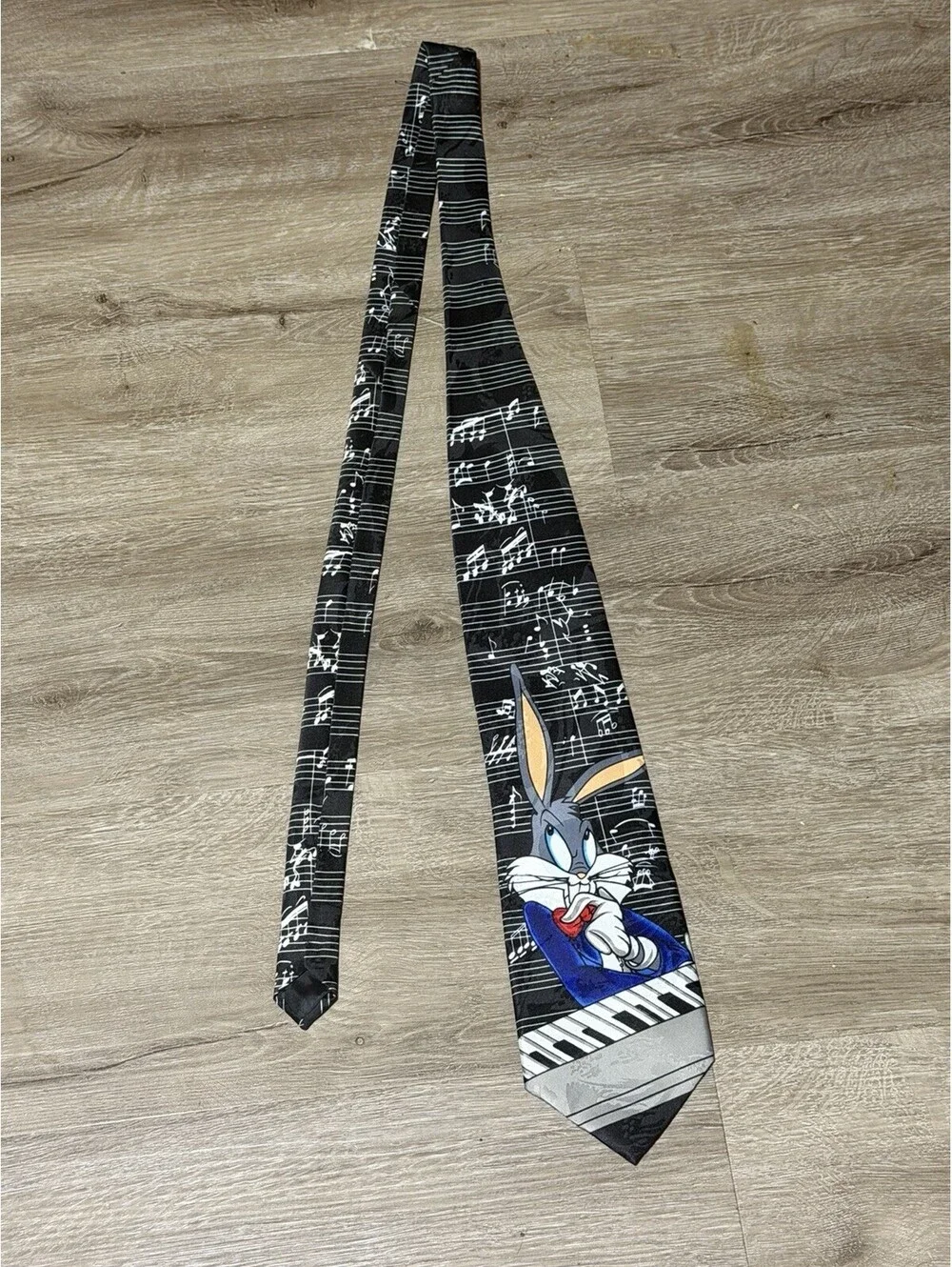 Looney Tunes 1996 Bugs Bunny Mania Mens Tie Warner Bros Black White Music Notes